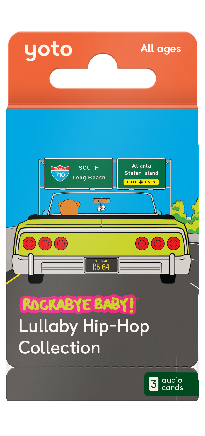 Packaging for YOTO PLAYER CARDS - ROCKABYE BABY! HIP-HOP COLLECTION featuring an illustration of a green car