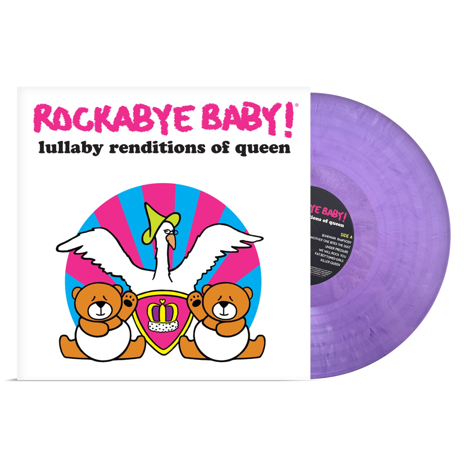 A purple vinyl record titled 'ROCKABYE BABY! lullaby renditions of queen' with bird & bear illustrations