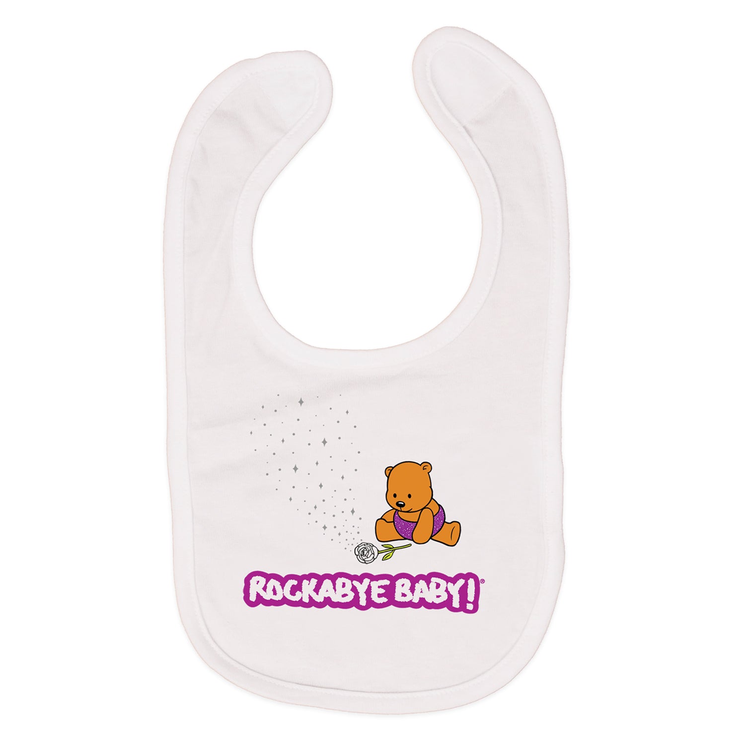 A white Rockabye Baby branded bib with a cartoon bear and the text 'Rockabye Baby!' on it.