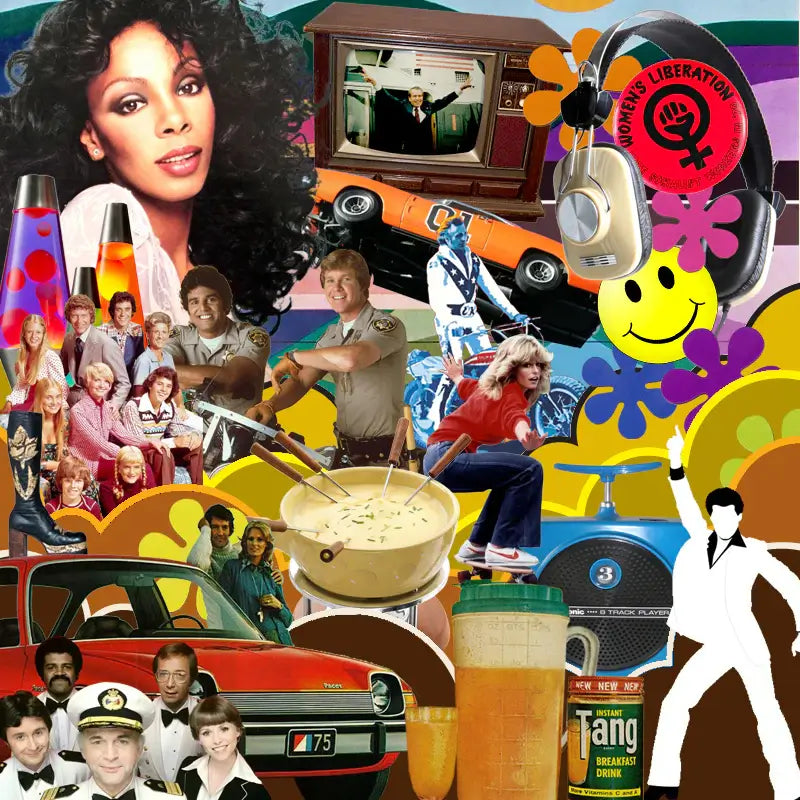 colorful collage about what was cool in 1977