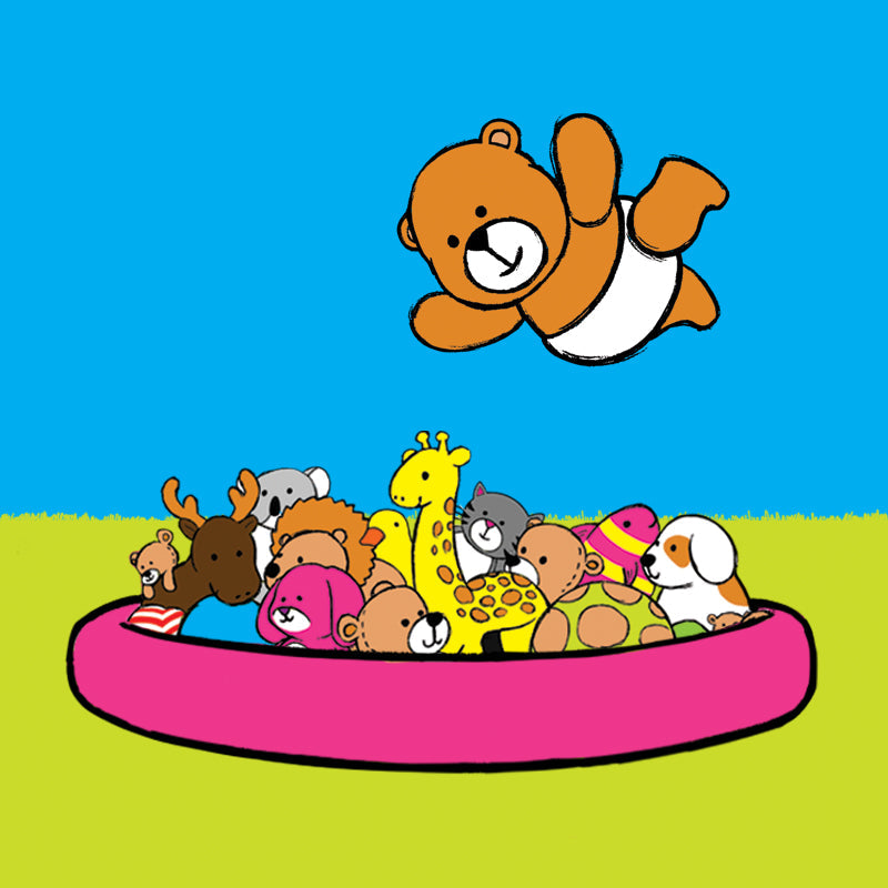 rockabye baby bear jumping into a pool of stuffed animals