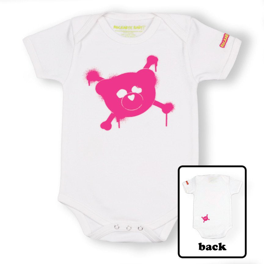 rockabye baby logo organic bodysuit green on pink on white