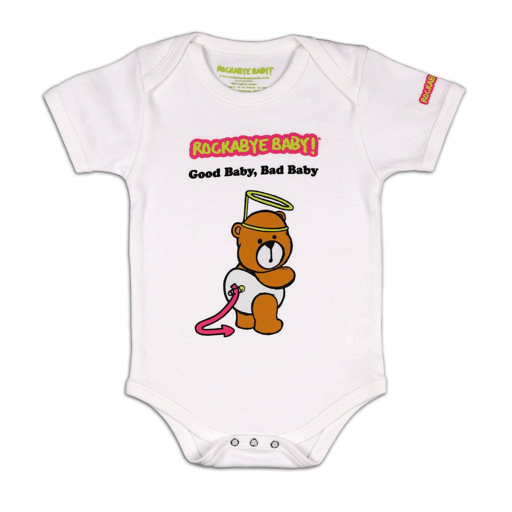 rockabye baby good baby bad baby organic bodysuit white