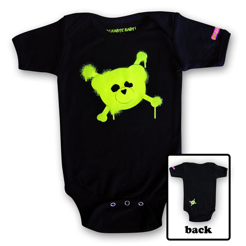 rockabye baby logo organic bodysuit green on black