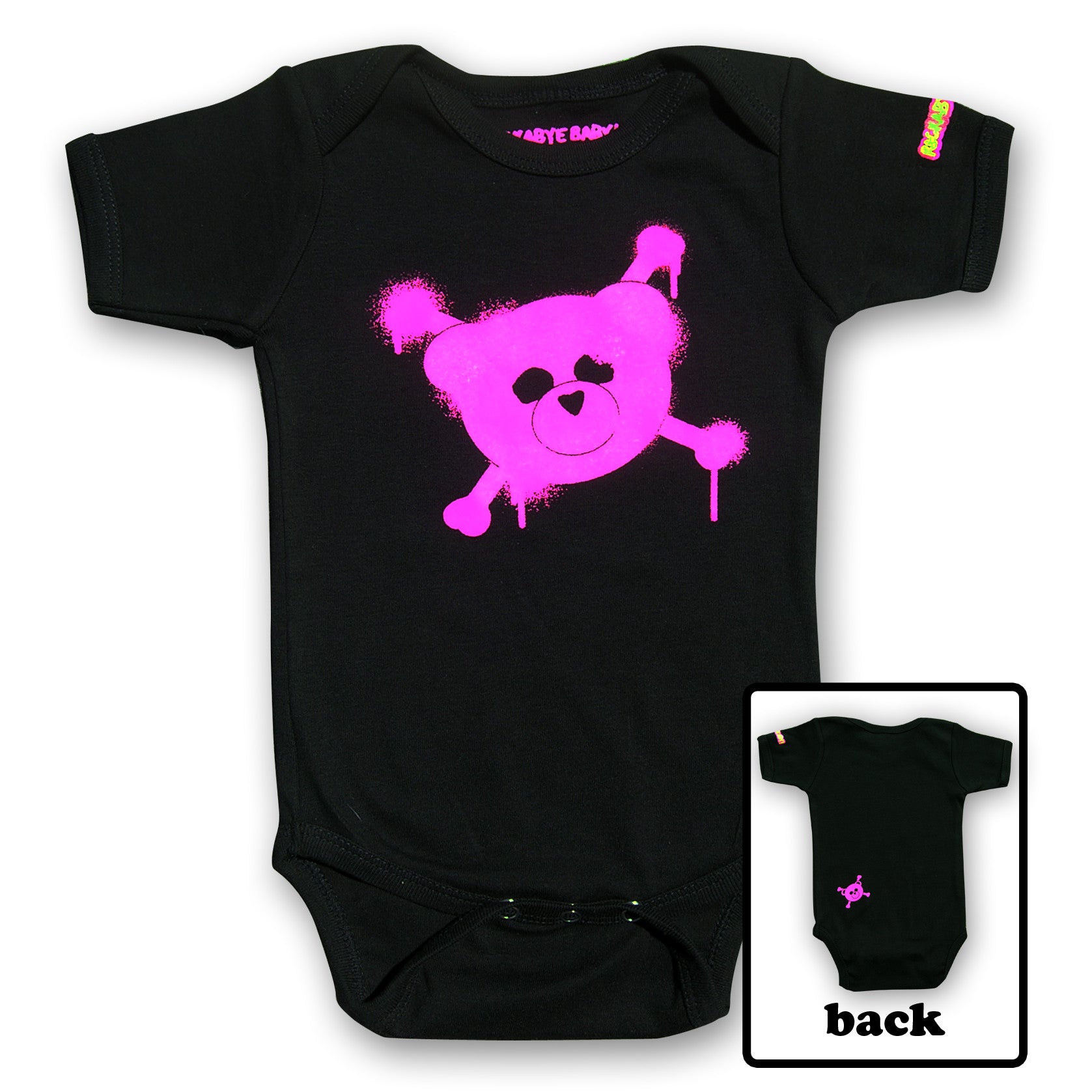 rockabye baby logo organic bodysuit pink on black